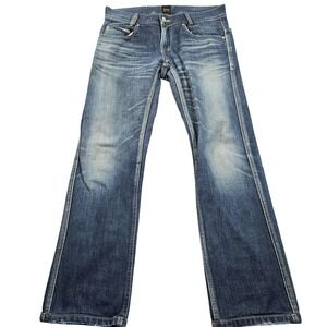 Lee Jeans Womens 30x28 Blue Medium Wash Low Rise Straight Distressed Denim